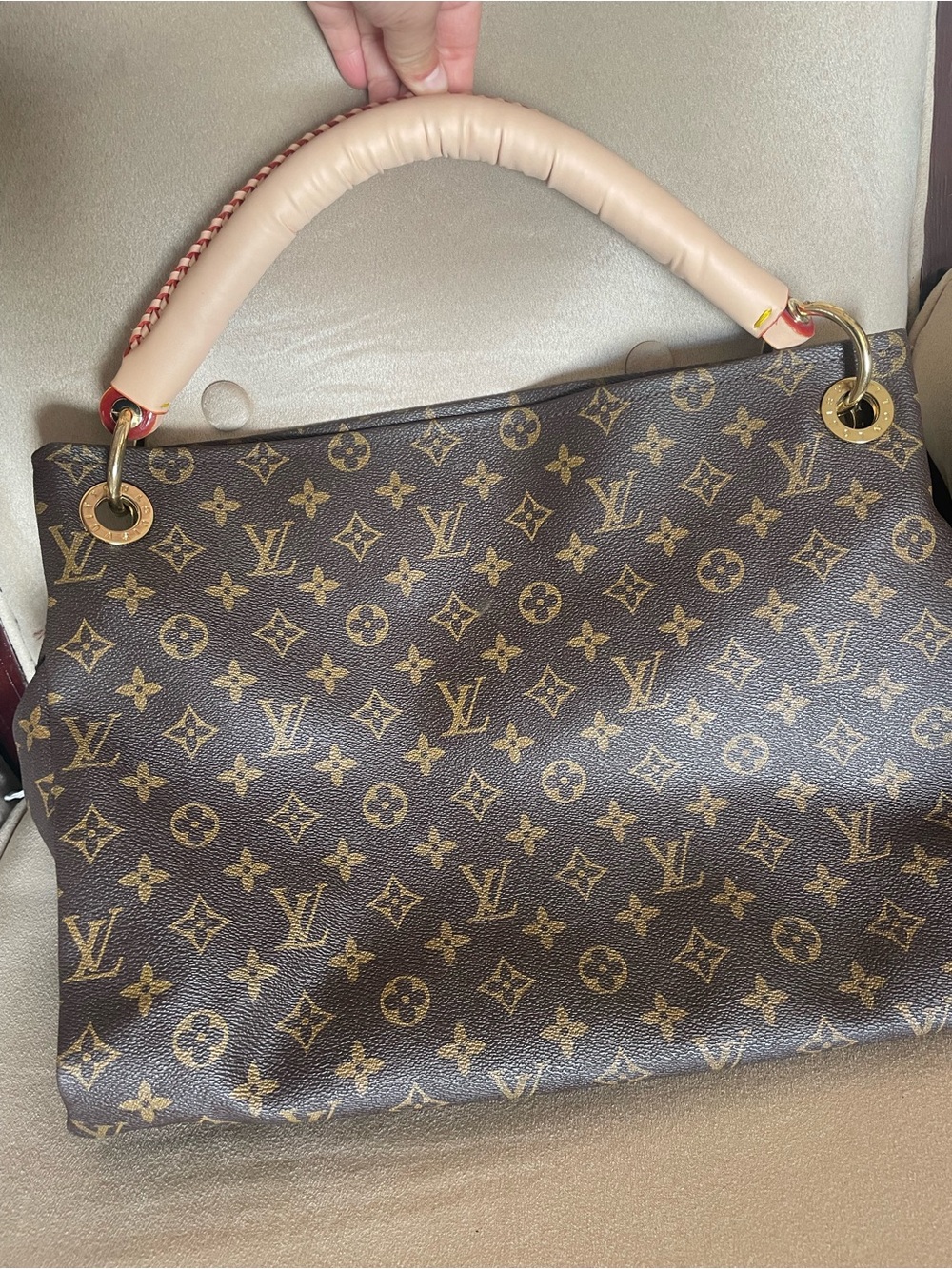 Louis Vuitton Brown Monogram Canvas Shoulder Bag with Beige Padded Handle